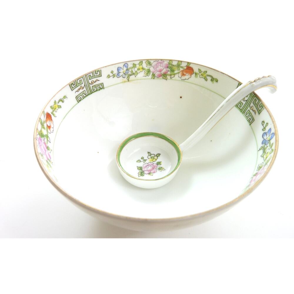 Vintage Boho Ramen Flower Bowl Footed Bowl with Spoon Peony